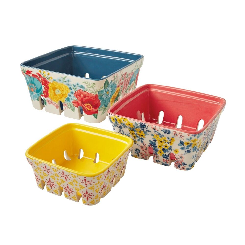 Pioneer Woman Fancy Flourish Floral Ceramic Fruit Basket 3Pc Set New